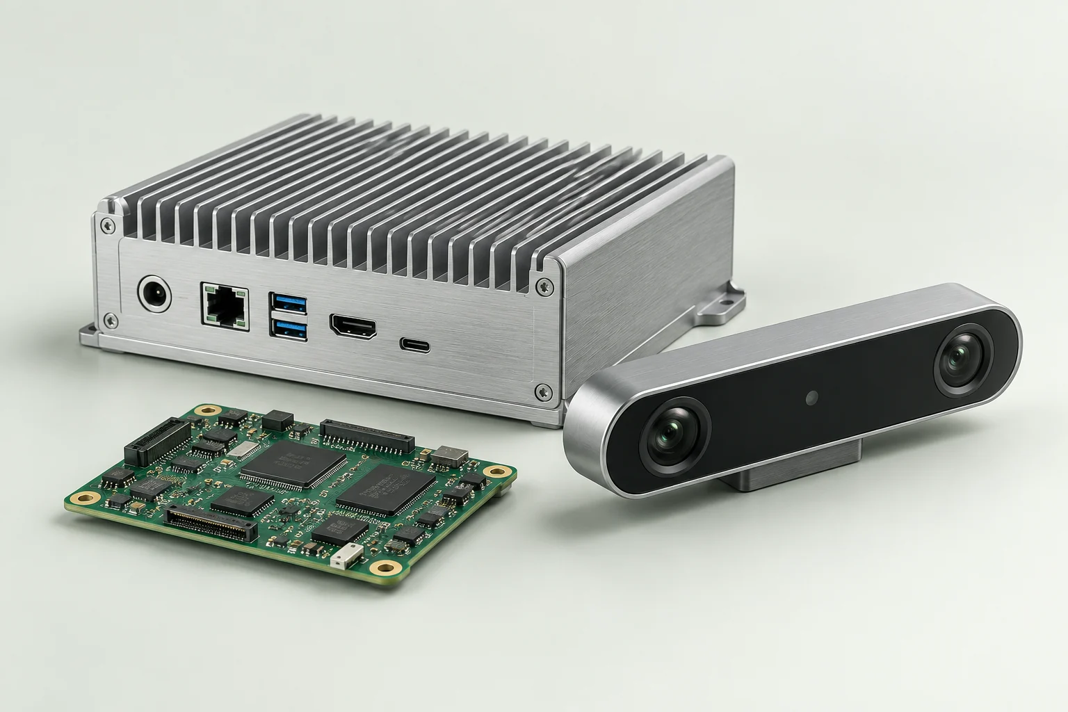Illustrative edge AI computer, circuit board and stereo camera module.