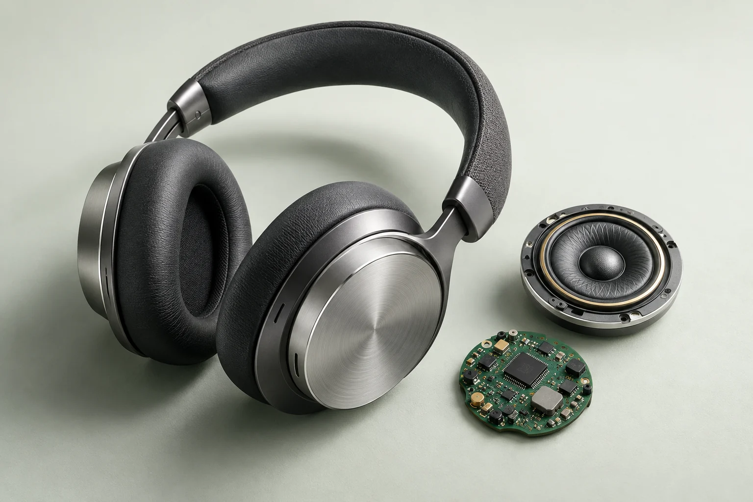 Illustrative over-ear headphones, acoustic driver and circuit board.