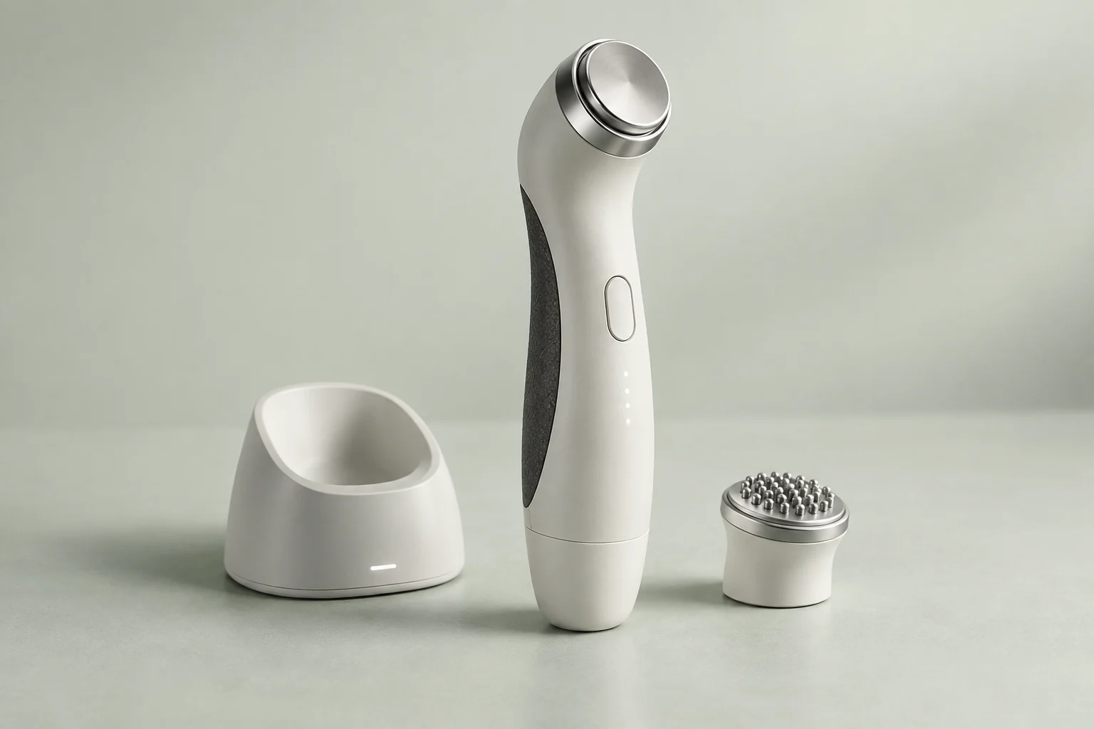 Illustrative personal-care device, interchangeable head and charging base.