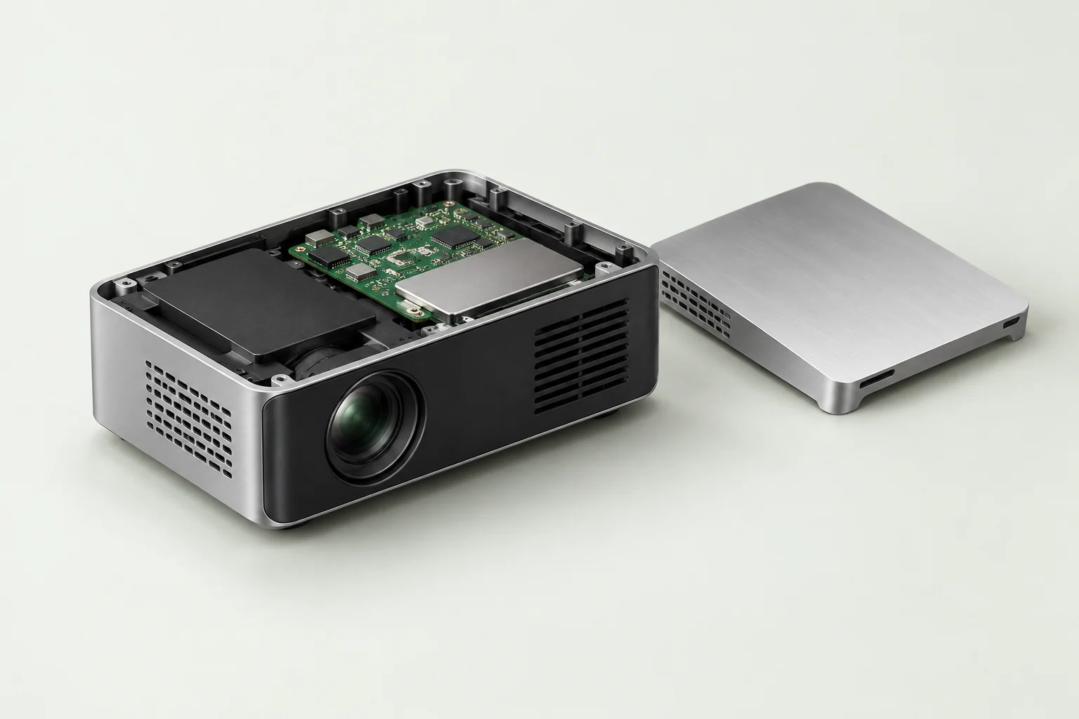 Illustrative portable projector with an open aluminium enclosure and circuit board.