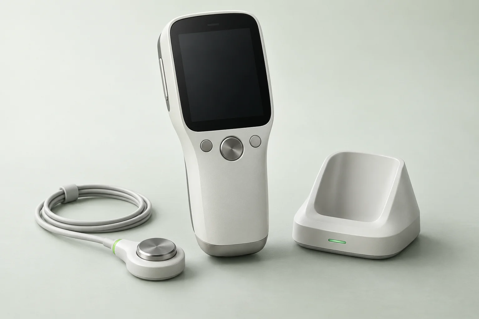 Illustrative handheld health-monitoring device, sensor and charging cradle.
