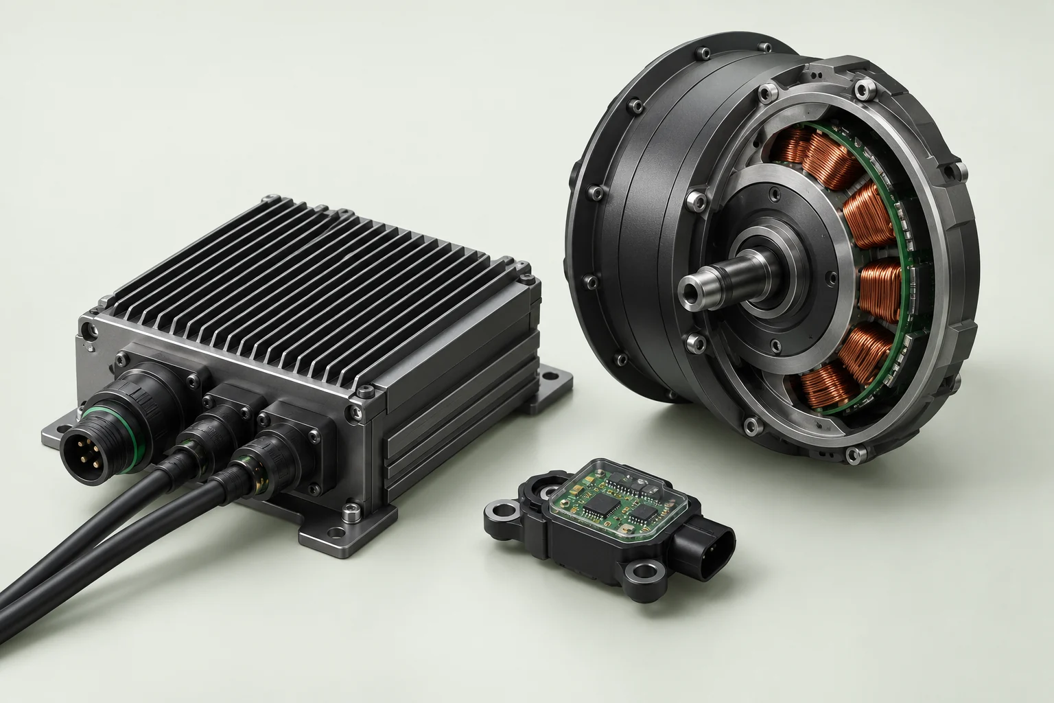 Illustrative motor controller, hub-motor cutaway and mobility sensor.