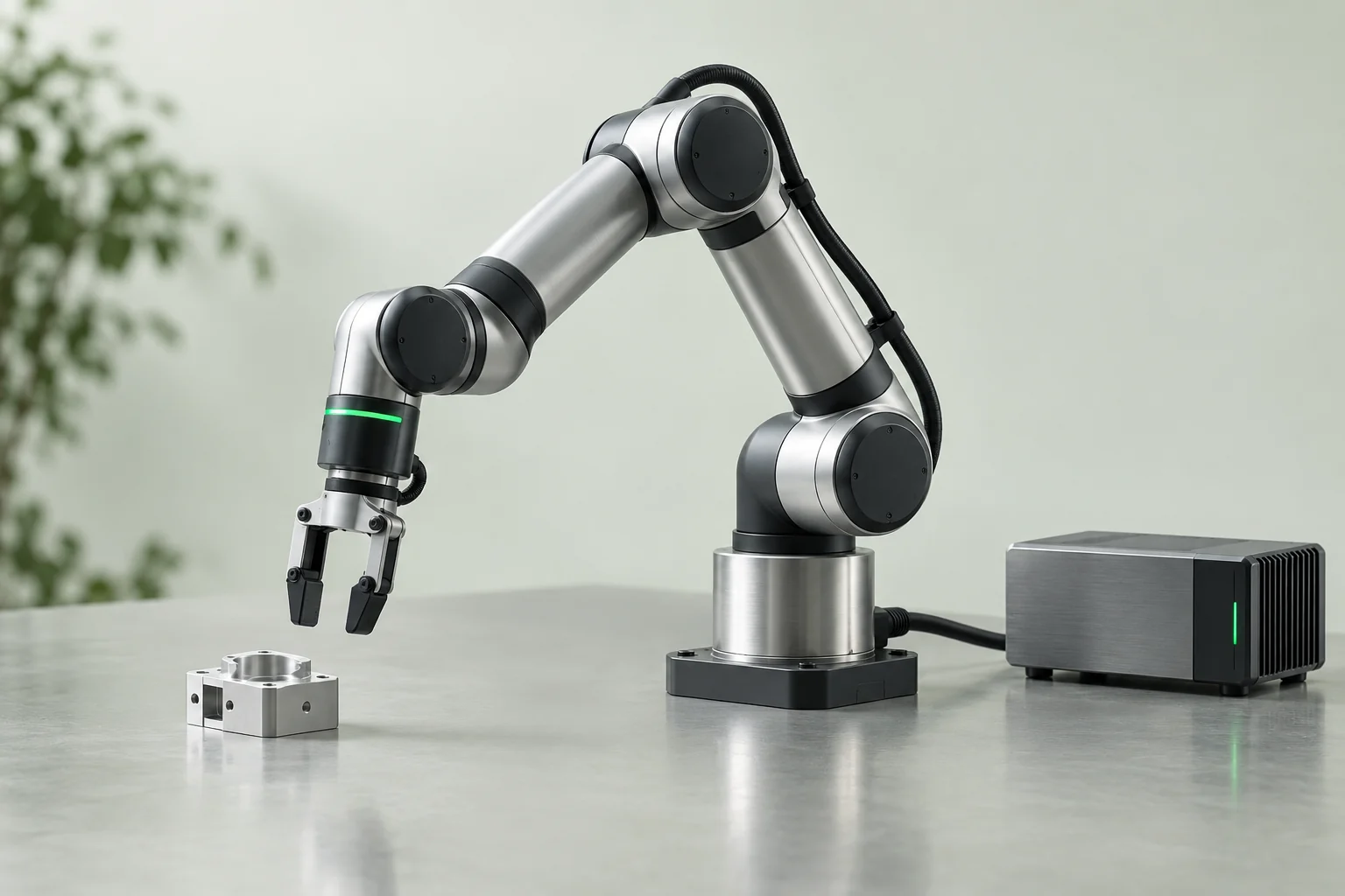 Illustrative collaborative robot arm, gripper and compact controller.