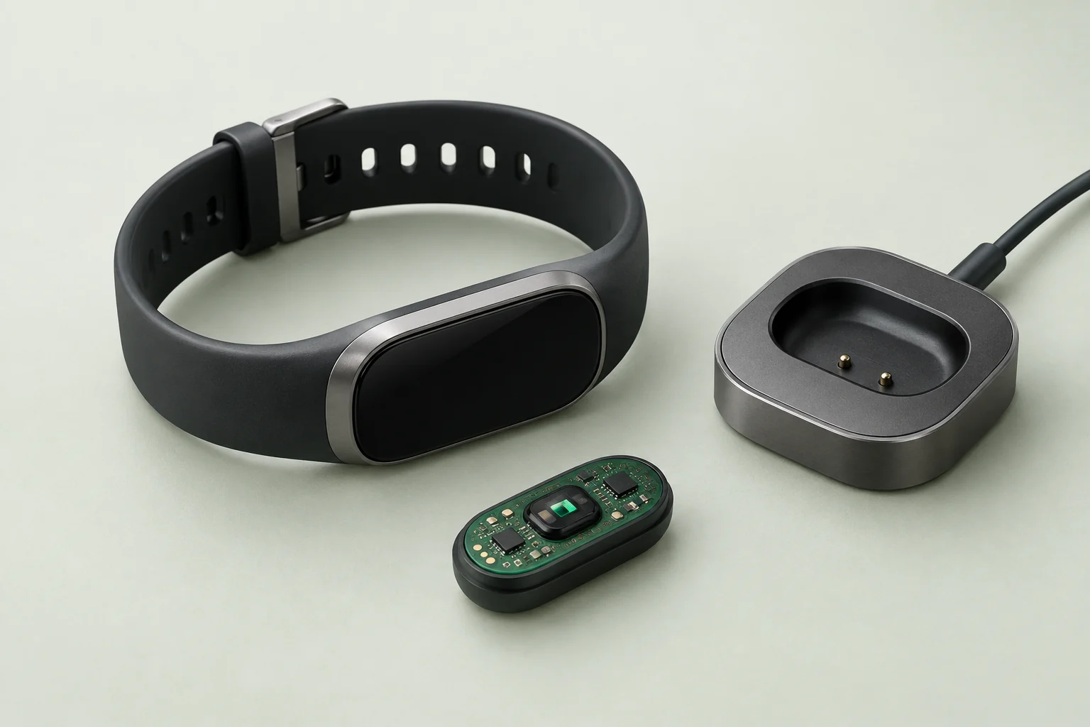 Illustrative wearable wristband, optical sensor module and charging cradle.