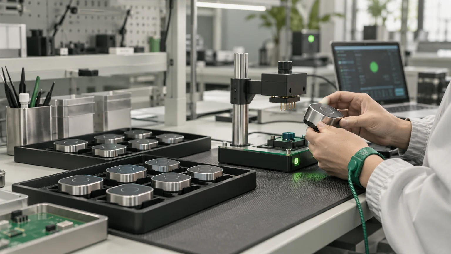 Illustrative pilot production bench with small-batch devices and a test fixture.