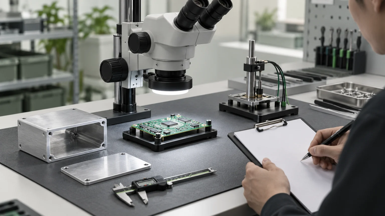 Illustrative qualification bench with optical inspection and dimensional measurement.