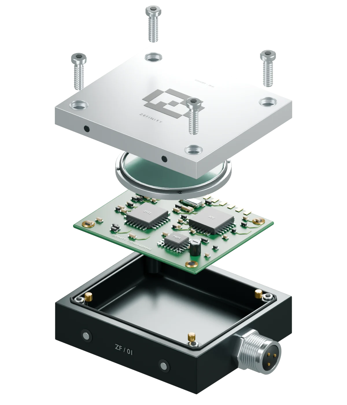 Exploded view of a sensor, showing the aluminium enclosure, optical module, circuit board and mechanical base.