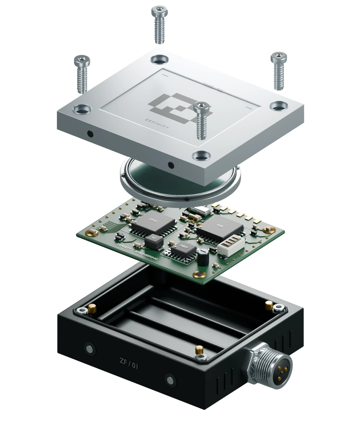 Exploded hardware sensor with a precision aluminium enclosure, optical module and circuit board.